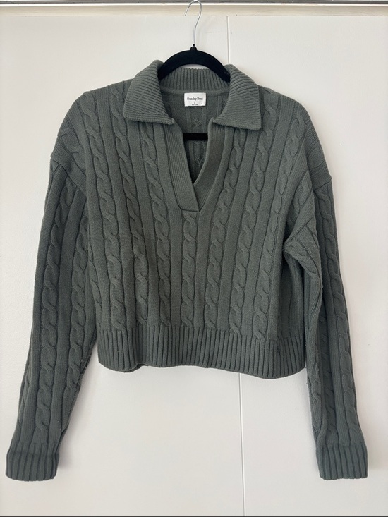 Sunday Best Sweaters - Sunday Best Sage Cable-Knit V-Neck Collared Sweater